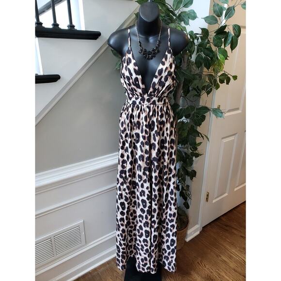 SHEIN Long Maxi Dress Womens Size 2 Black & Beige Leopard Plunge Neck Sleeveless - Picture 1 of 16